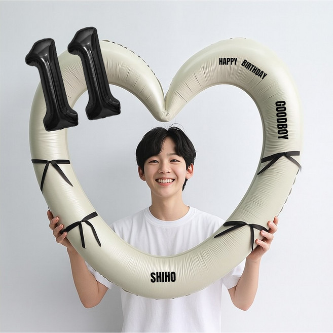 해피제이니 블랙 숫자 하트프레임 풍선 생일파티용품세트(프리레터링 시트지 포함) 포토존, 1세트, 11 크림하트