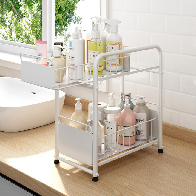 차이첸 다용도 주방 싱크대 2단 슬라이딩 슬림 선반 양념통 정리대 욕실 화장품 수납, 화이트, 1개