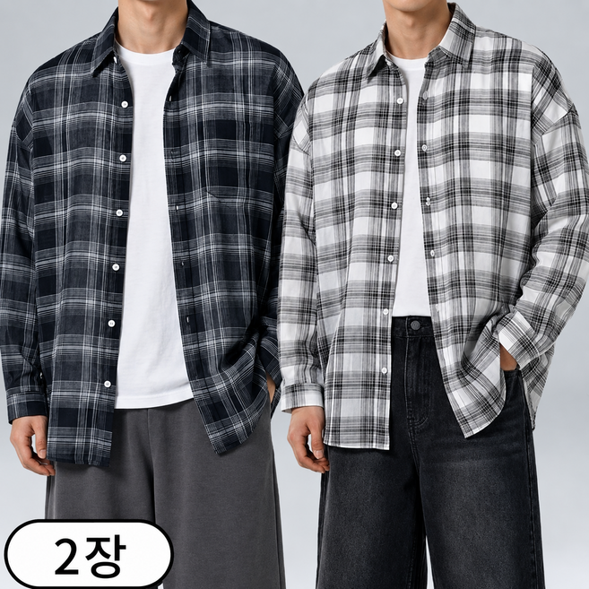 [1+1] 남자 여름 시어서커 쿨 오버핏 체크 셔츠 (6756-2)