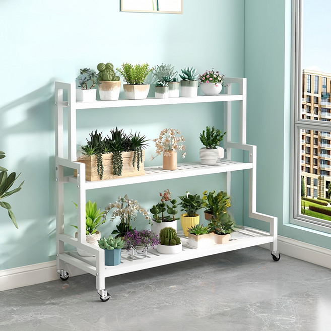 DP동봉국제무역 화분진열대 이동식 정리 선반 스텝형 대형 다용도 실내 베란다, 화이트 100cm, 3단