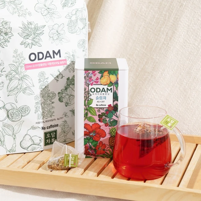 오담차 슬림차 레몬 시나몬 히비스커스 블렌딩 티백 선물세트 쇼핑백동봉 물대신 마시는 차 아이돌물 가벼운 수분충전 진한 맛, 80g, 1세트, 20개입 - 쿠팡