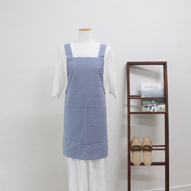 수피아코코 체크 지지미 여름 앞치마 에이프런 카페 바리스타 플로리스트 어린이집 유치원 공방, 블루, 1개