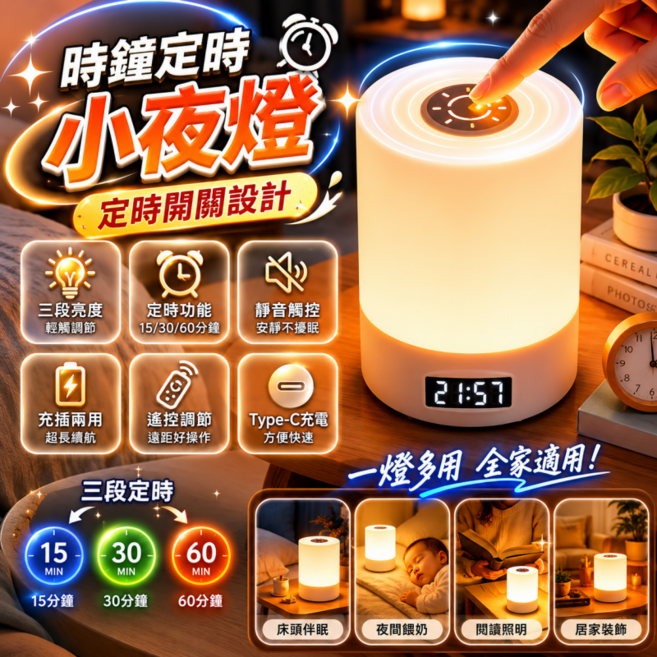 充插觸控小夜燈 時鐘夜燈 遙控小夜燈 床頭小夜燈 聖誕燈 交換禮物 床頭燈 可調節亮度, 觸摸小夜燈-充插兩用【三色溫光+無極調光】