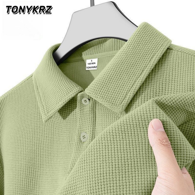 夏季男士華夫格POLO衫 短袖T恤 純色翻領上衣 商務休閒兩穿