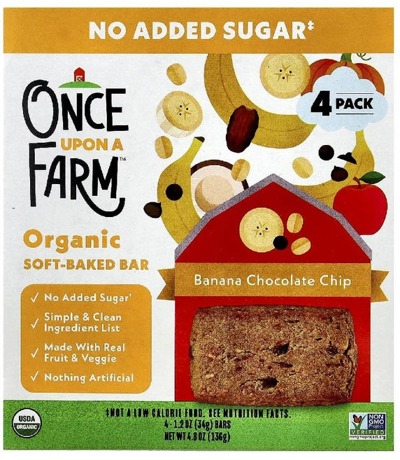 Once Upon A Farm 유기농 애플 오트 소프트바 4개입 아기 간식 귀리바 부드러운 식감 (미국산), 바나나 초코칩 4개입 - 쿠팡