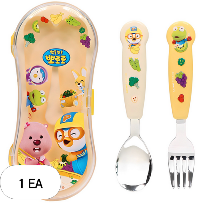 릴팡 뽀로로잡스 입체 편한 어린이 스푼 + 포크 + 케이스 세트 PR5980, 혼합색상, 1세트