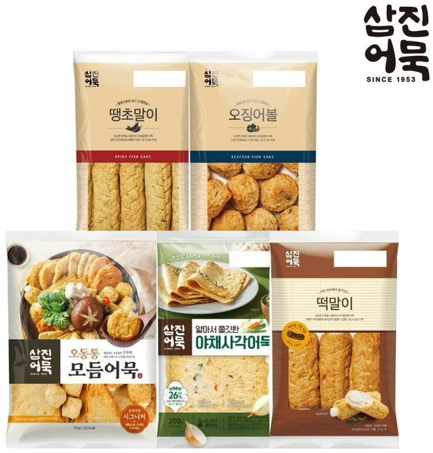 [삼진어묵] 얇아서쫄깃한야채사각+오동통모듬어묵+오징어볼+땡초말이+떡말이, 1세트, 200g