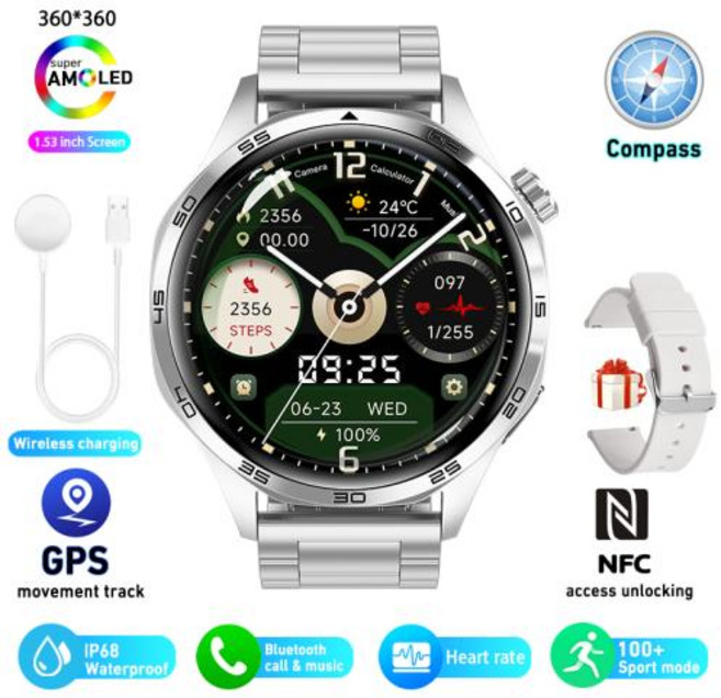 [가성비 스마트워치] 화웨이 GT5 프로 GPS NFC 스마트 워치 남성용 360360 AMOLED 화면 심박수 블루투스 통화 IP67 방수 남자 스마트워치 2024, Silver steel
