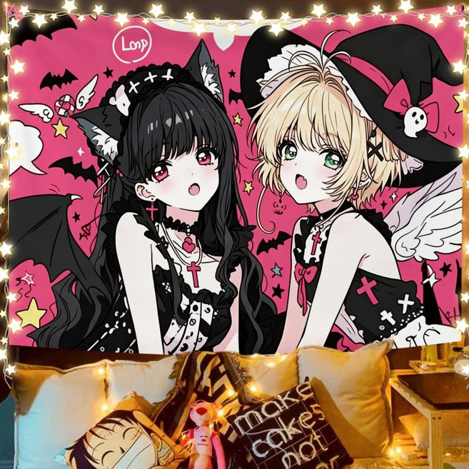 Q版魔卡少女櫻動漫掛布學生房間寢室床頭裝飾背景墻布, 1個, M魔卡少女櫻6寬3米高1.5米+6米燈+安裝包