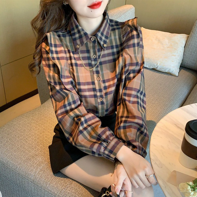 KORELAN 프릴 체크 무늬 셔츠 여성 새로운 스타일 서양식 디자인 틈새 기질 탑