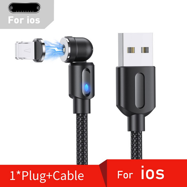 GTWIN 540 회전 마그네틱 충전 케이블 고속 충전 마이크로 USB C 타입 케이블 아이폰 자석 충전 코드 데이터 케이블 3A, Bla for, 7) For Iphone Black  0.5m, 1개