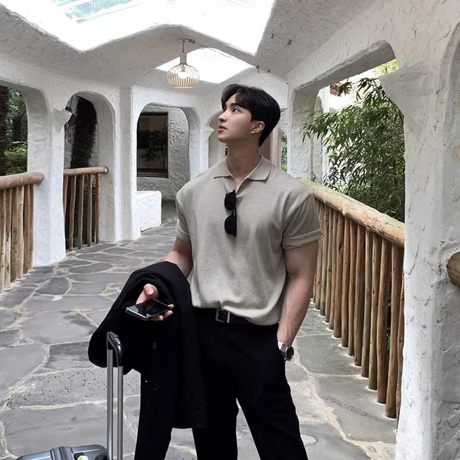 ANYOU 남성 하계 오버핏 니트 티셔츠 통기성 일상반팔