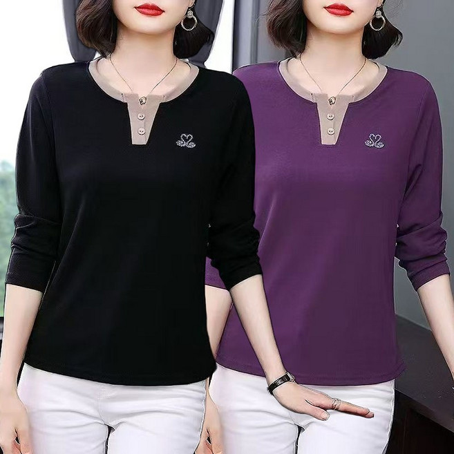 엄마옷마담4060 패치 라운드넥 긴팔티 슬림핏 티셔츠 중년여성의류 큐빅 풀오버 상의