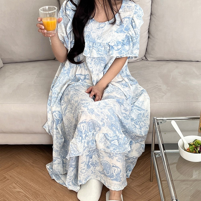 코지데일리 라운드 원피스 잠옷 44~120사이즈 빅사이즈 자체제작 여신 뜨왈 프릴 감성 오버핏 파자마 홈웨어