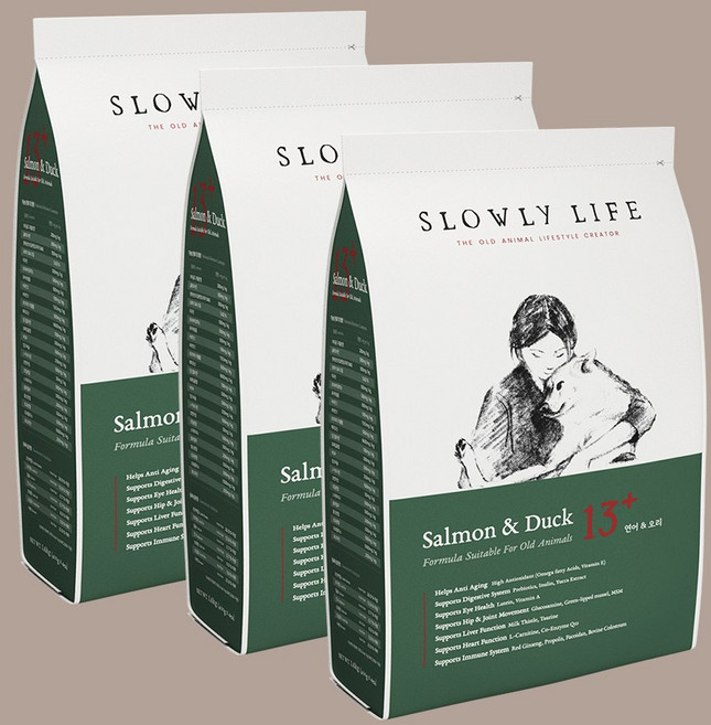 슬로울리라이프 노령견 노견 전용 사료 시니어 항산화보충 부드러운 소프트사료, 3개, 1.6kg, 연어+오리