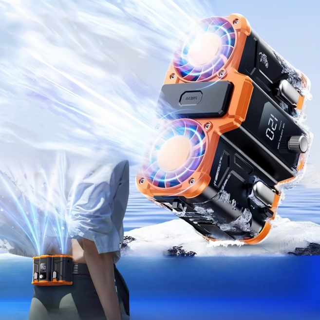 KC인증 휴대용 초강력 허리선풍기 배터리 교체가능 저소음 아웃도어 선풍기 목걸이형 선풍기 캠핑용 등산용 낚시용, 오렌지