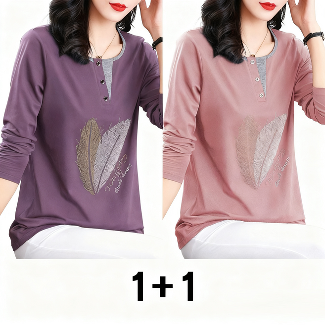 1+1 중년여성 헨리넥 긴팔 티셔츠 봄가을 캐주얼 기질 엄마 긴팔티 루즈핏 이너 상의 WMY