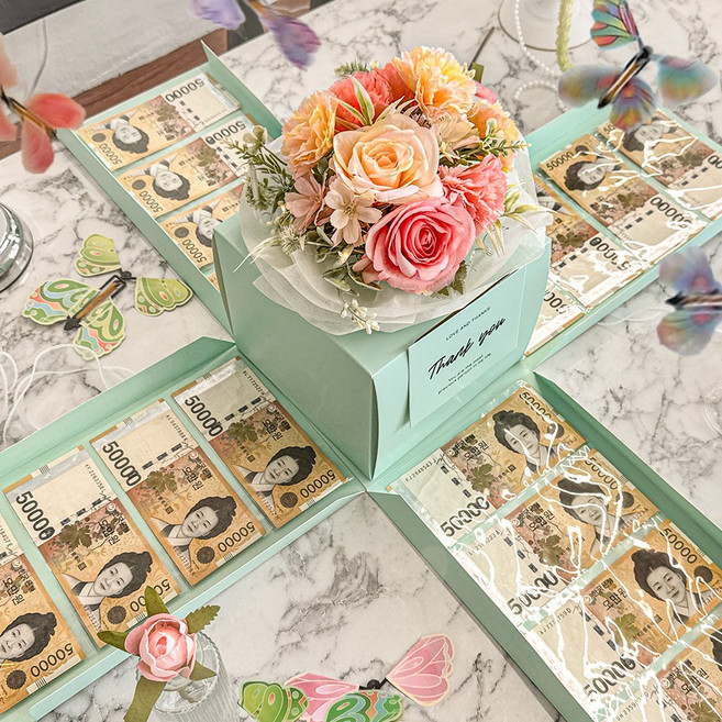 용돈박스 돈 케이크 반전 용돈 부모님 생신 환갑 칠순 팔순 기념일 선물 남편생일 어버이날, 1개, 민트(돈비닐40장)