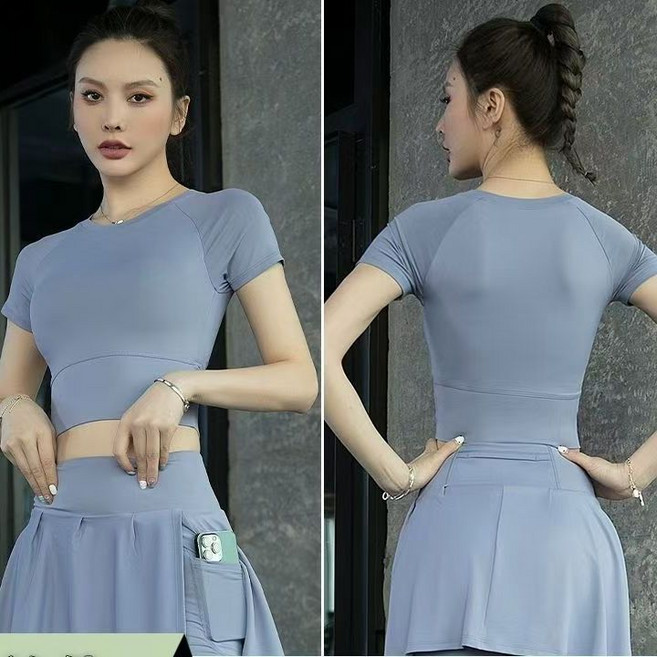 運動套裝女短袖+裙式健身褲 瑜伽服 訓練服, 1個, 藍色短袖M （95-105斤）