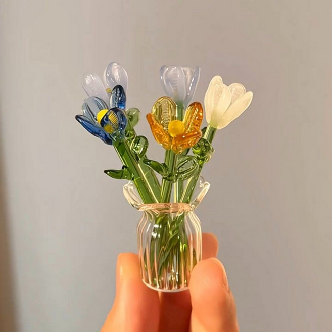 유리꽃 시들지않는꽃 유리식물 꽃다발 유리공예 스승의날선물, 꽃 7개(랜덤) + 꽃병