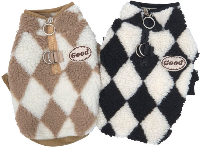 개인싸 강아지 플리스 하네스옷 아가일 양털 반집업 후리스, 1개, 블랙