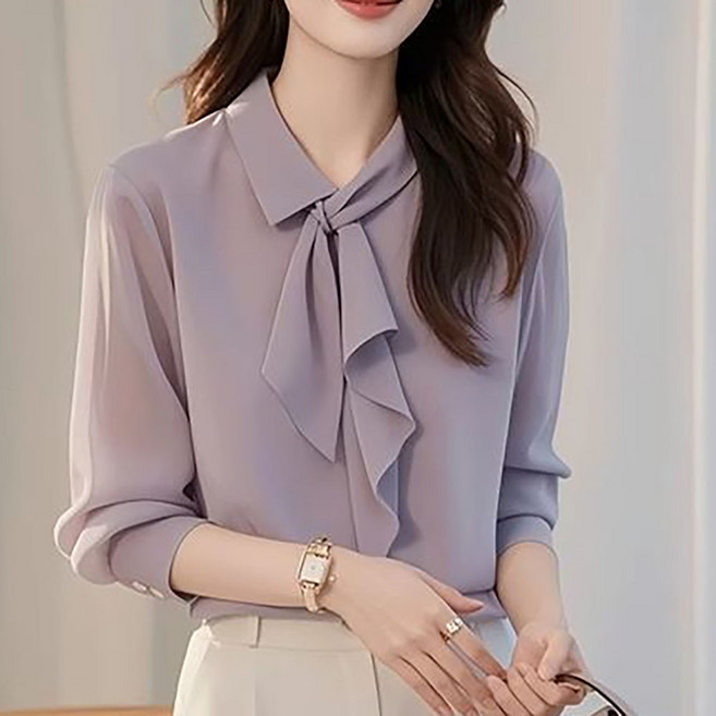 지고다그 여성 봄 쉬폰 보우타이 긴팔 블라우스 루즈핏 데일리 출근룩 오피스룩 셔츠 HHA0292
