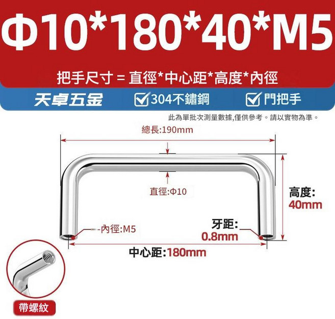 304不鏽鋼實心拉手 Φ6*25*25*M4, Φ10*180*40*M51個304內螺紋, 1套