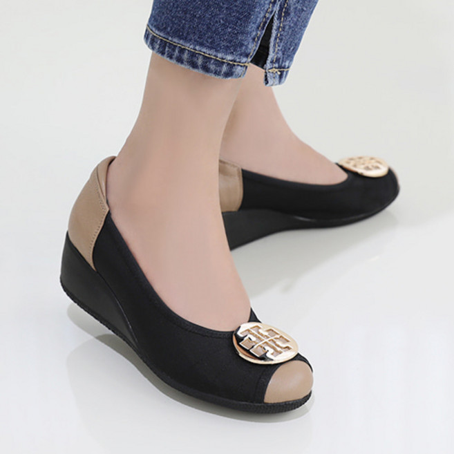 제이슈 수제화 가죽 모던무드 웨지힐 펌프스 5cm 블랙(베이지코) 245