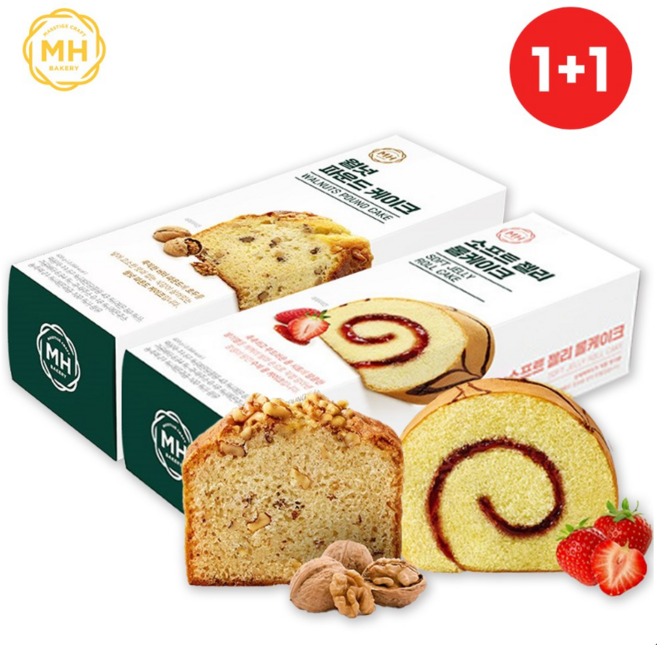 [신세계푸드]밀크앤허니 베이커리1+1 카스테라/롤케익/파운드 등, 소프트제리롤+월넛파운드, 1.17kg, 1세트