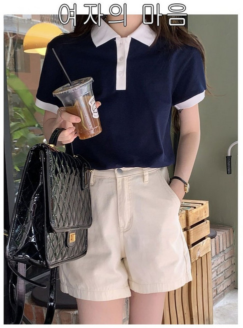 체인지쉬(change she) 여성 반팔 카라 니트 티셔츠 심플