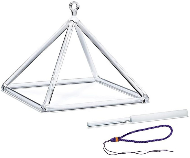 혜은 크리스탈 싱잉 피라미드 볼 스틱과 보라색 로프가 있는 투명한 8인치 쿼츠 피라미드, 6 inch