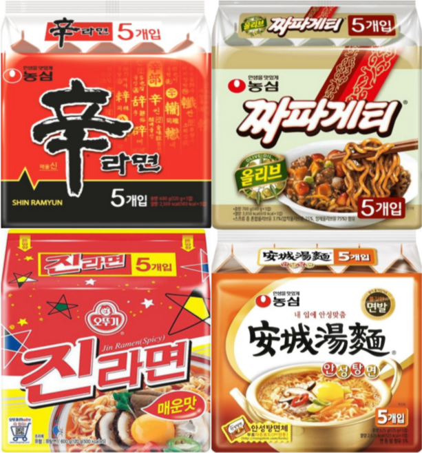 봉지라면 혼합 20봉(신라면5봉+짜파게티5봉+진라면매운맛5봉+안성탕면5봉), 없음, 5개