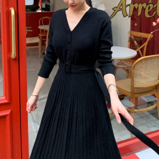 벨로아 여성용 플레어 벨트 봄 롱 원피스