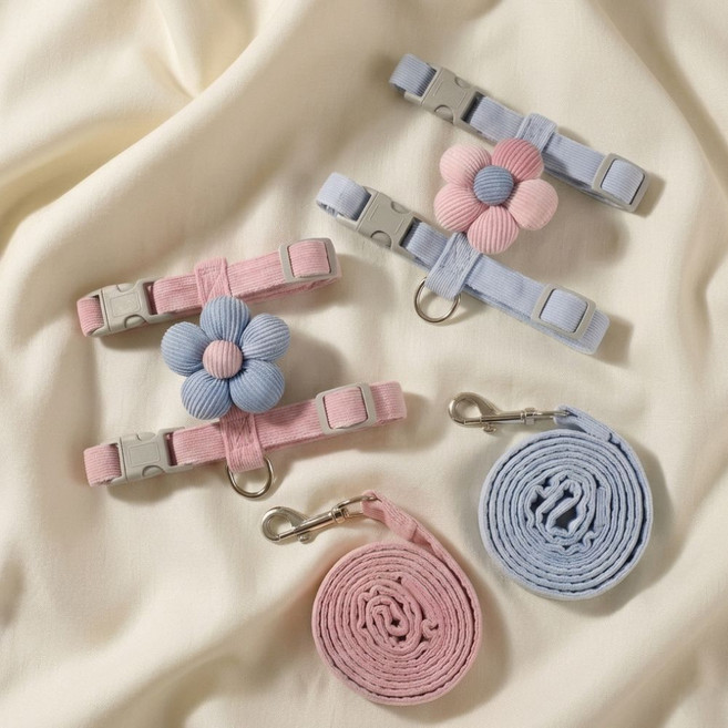 멜로우위시 반려 강아지 고양이 꽃 플라워 H형 산책 하네스 리드줄 세트, 1개, 블루줄