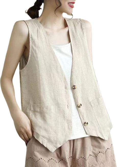 여성용 심플 캐주얼 면 마 베스트 9M018