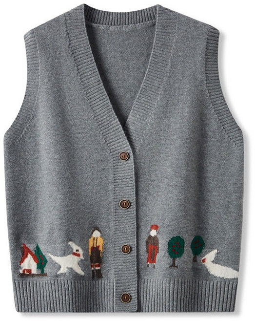 ROYALBELLE 여성 루즈핏 니트 베스트 캐릭터 자카르 밑단 시보리 조끼 Y0122608