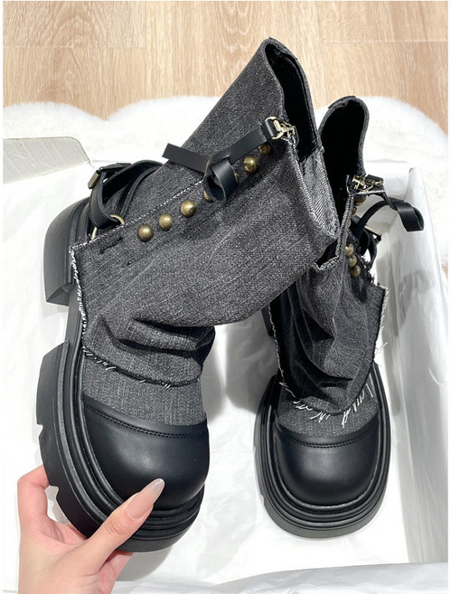 指尖女子小屋 厚底牛仔拼接短靴 西部牛仔騎士靴