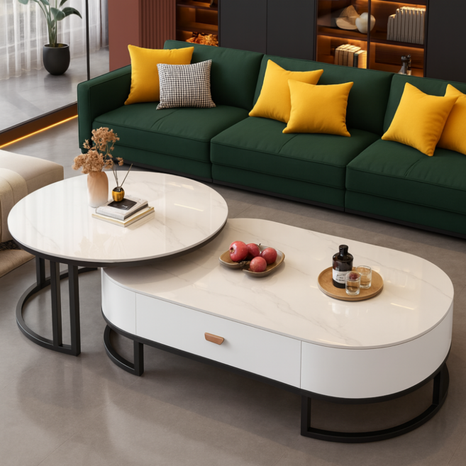 엘라모아 거실테이블 세라믹 상판 커피 티 테이블 좌식식탁, 블랙프레임+화이트