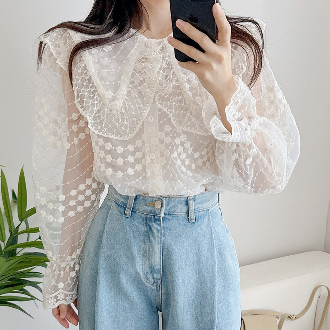 요시아나 [당일발송] 루첼라 빅카라 시스루 레이스 자수 프릴 블라우스 2컬러