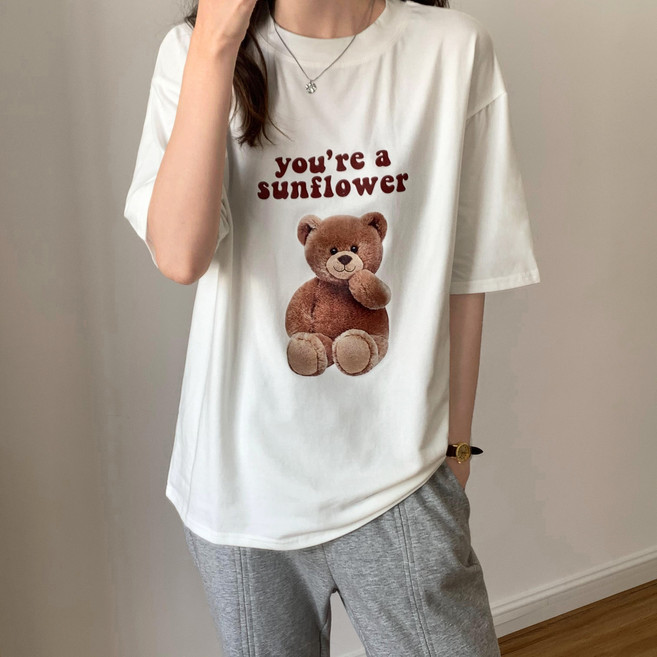 YIA LIFE 순면 반팔 티셔츠 캐릭터 곰돌이 피부 소재 캐주얼 코디하기