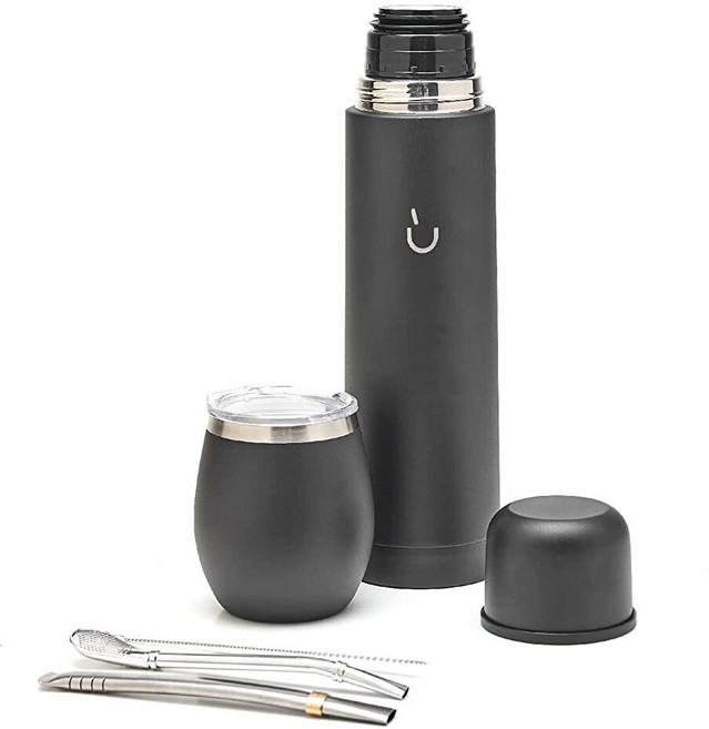 BALIBETOV Complete Yerba Mate 세트 - 모던 메이트 고드 써멀 플라스크 봄빌라 및 클리닝 브러시 포함 - 모든 프리미엄 품질 304 18/8 스테인리, 풀 블랙, 1개