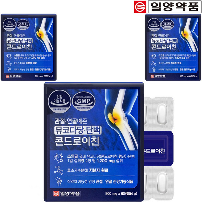 일양약품 관절 연골에존 뮤코다당 단백 콘드로이친 1200 MSM 보스웰리아 추출물 분말 영양제, 60정, 3개