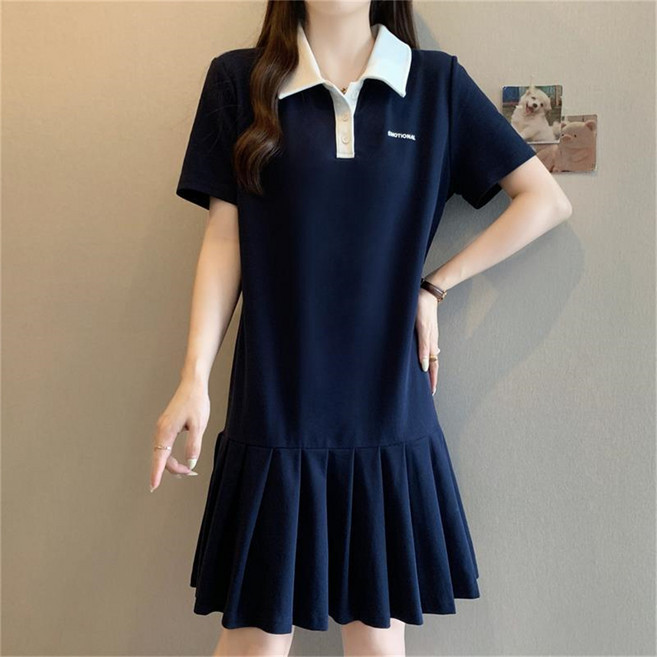 Vezri 여자 여름 폴로넥 원피스 캐주얼 운동 스타일 짧은 소매 프릴 치마
