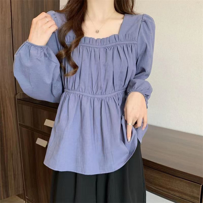 Makone 여성 스퀘어넥 프릴트리밍 셔링 티셔츠 허리조임 솔리드 퍼프소매 루즈핏 큐티 상큼 캐주얼 긴소매 블라우스