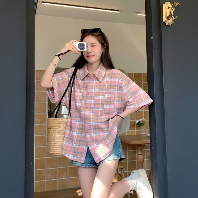 블랑루즈 컬러링 체크 반팔 남방 셔츠