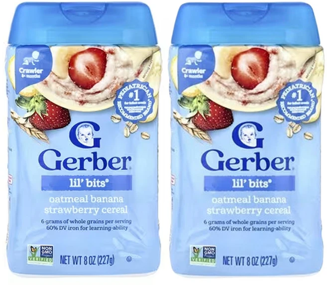 거버 아기용 시리얼 곡물 및 성장 8개월 이상 오트밀 8온스, 2개, 바나나 딸기, 227g - 쿠팡