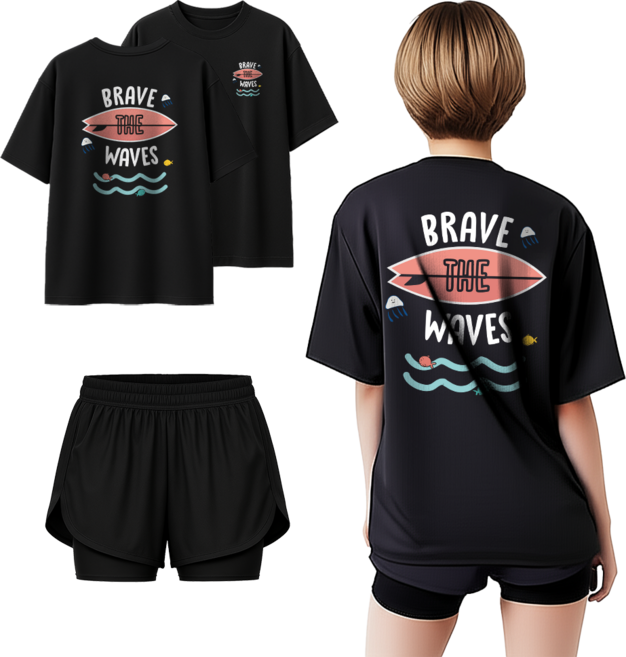 몰토벨리노 TST 여름 워터파크 물놀이 수영복 상하 세트 여성 오버핏 반팔 래쉬가드+3부 보드숏 워터 레깅스, M, 브레이브웨이브829+3부3부