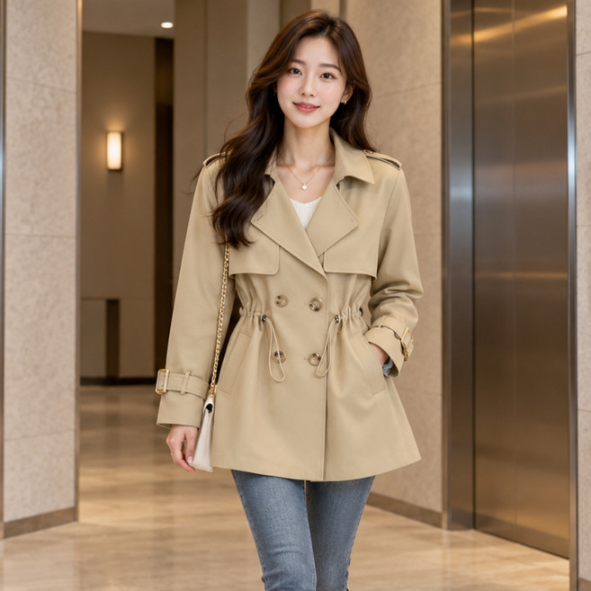 3위 - vosim 여성 봄가을 더블버튼 하프 트렌치코트 카라 허리스트링 데일리 캐주얼 아우터