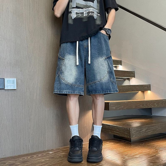 COSYEVNO 남성 여름 와이드핏 스트링 데님 캐주얼 반바지 BCXnk-8