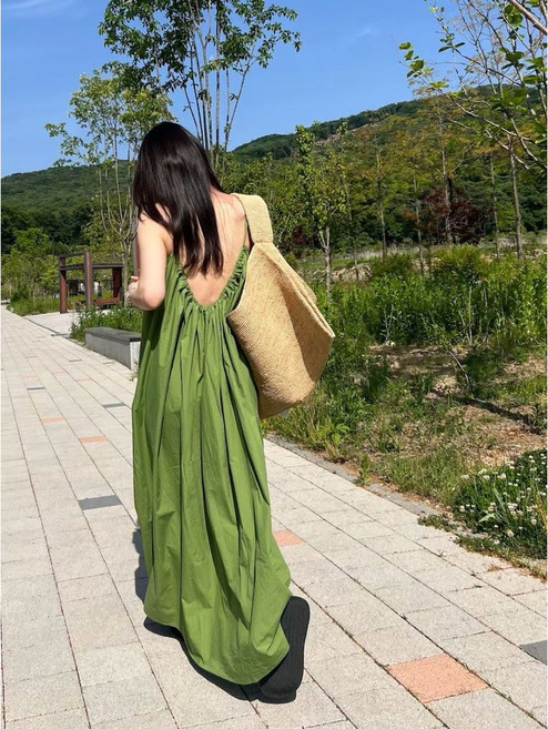 韓國 新款 純棉 大U領長洋裝, 咖啡